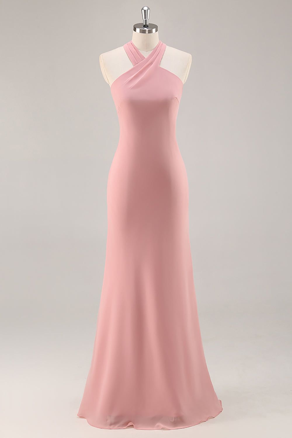 Blush Halter Mermaid Chiffon Long Bridesmaid Dress with Bow