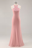 Blush Halter Mermaid Chiffon Long Bridesmaid Dress with Bow