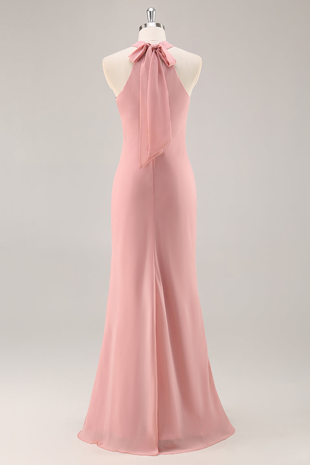 Blush Halter Mermaid Chiffon Long Bridesmaid Dress with Bow