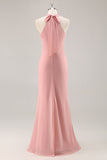 Blush Halter Mermaid Chiffon Long Bridesmaid Dress with Bow