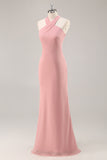Blush Halter Mermaid Chiffon Long Bridesmaid Dress with Bow
