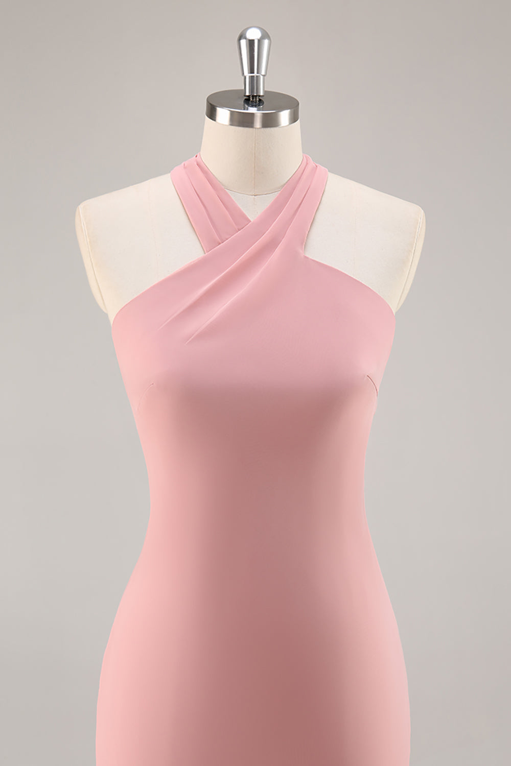 Blush Halter Mermaid Chiffon Long Bridesmaid Dress with Bow