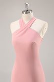 Blush Halter Mermaid Chiffon Long Bridesmaid Dress with Bow