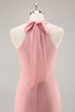 Blush Halter Mermaid Chiffon Long Bridesmaid Dress with Bow
