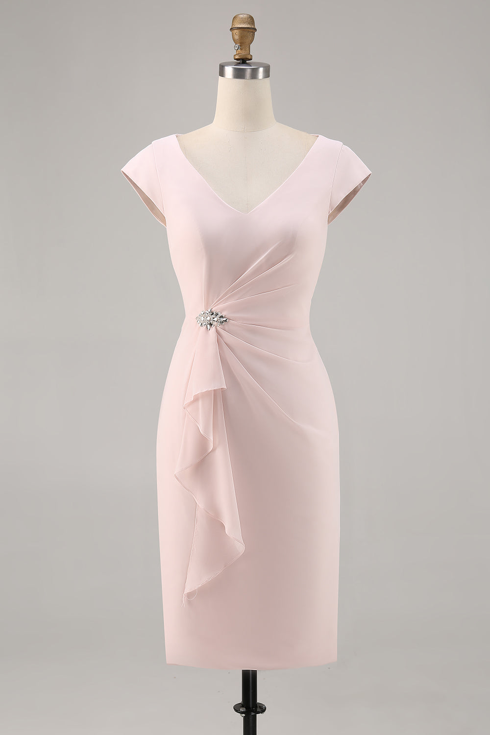 Candy Pink Bodycon V Neck Midi Mother of Bride Dress with Ruffles