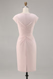 Candy Pink Bodycon V Neck Midi Mother of Bride Dress with Ruffles