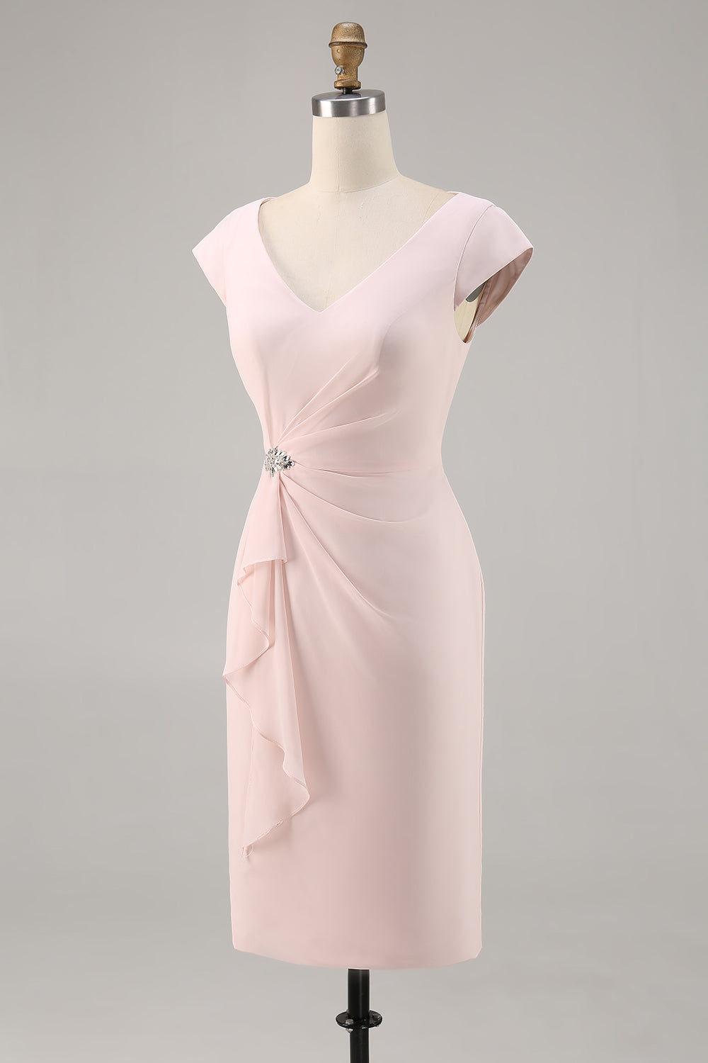 Candy Pink Bodycon V Neck Midi Mother of Bride Dress with Ruffles