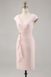 Candy Pink Bodycon V Neck Midi Mother of Bride Dress with Ruffles