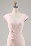 Candy Pink Bodycon V Neck Midi Mother of Bride Dress with Ruffles