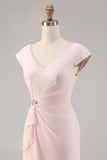 Candy Pink Bodycon V Neck Midi Mother of Bride Dress with Ruffles