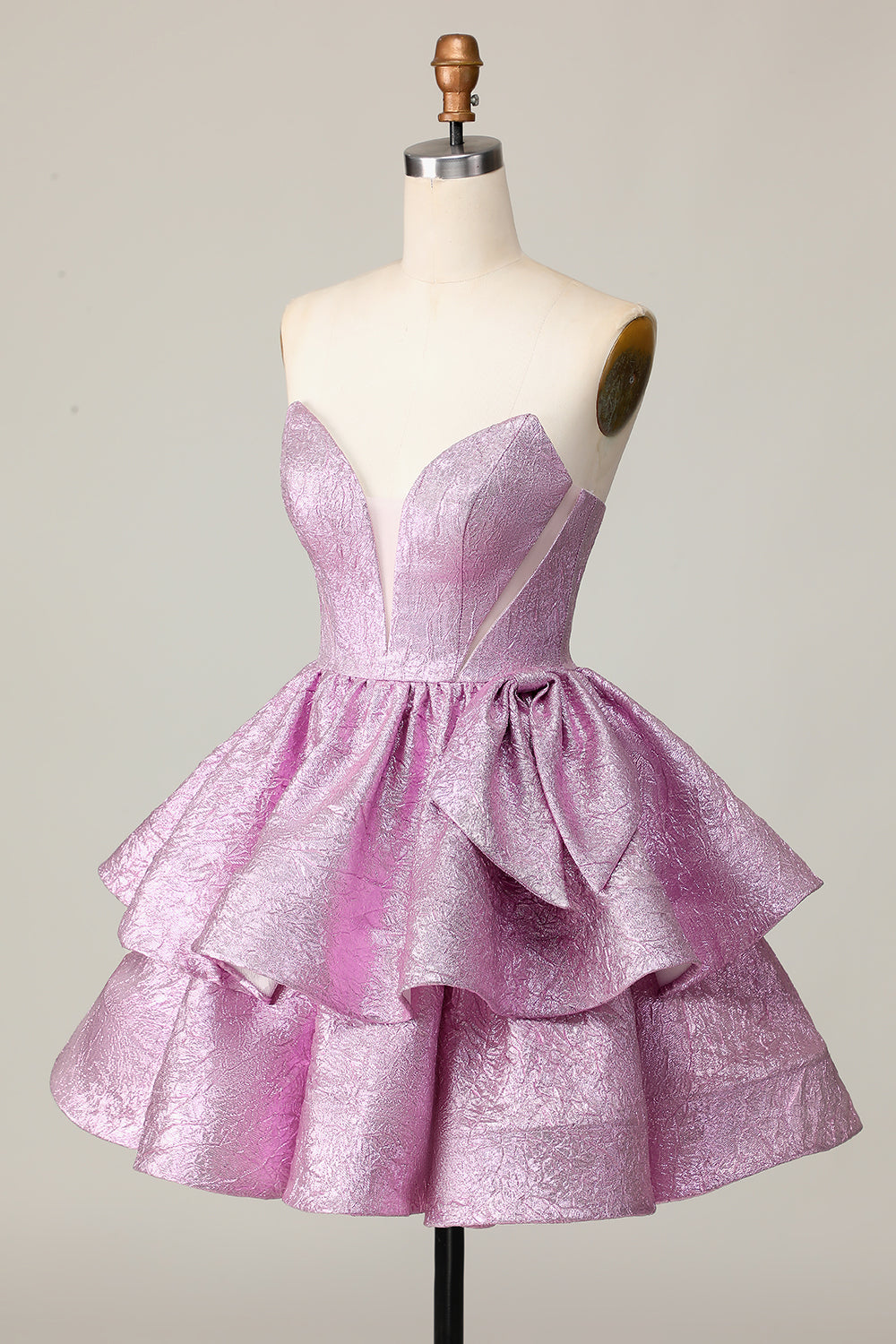 Light Purple A Line Strapless Lace Up Back Tiered Homecoming Dress with Bow