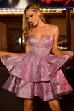 Glitter Light Purple A Line Strapless Tiered Homecoming Dress with Bow