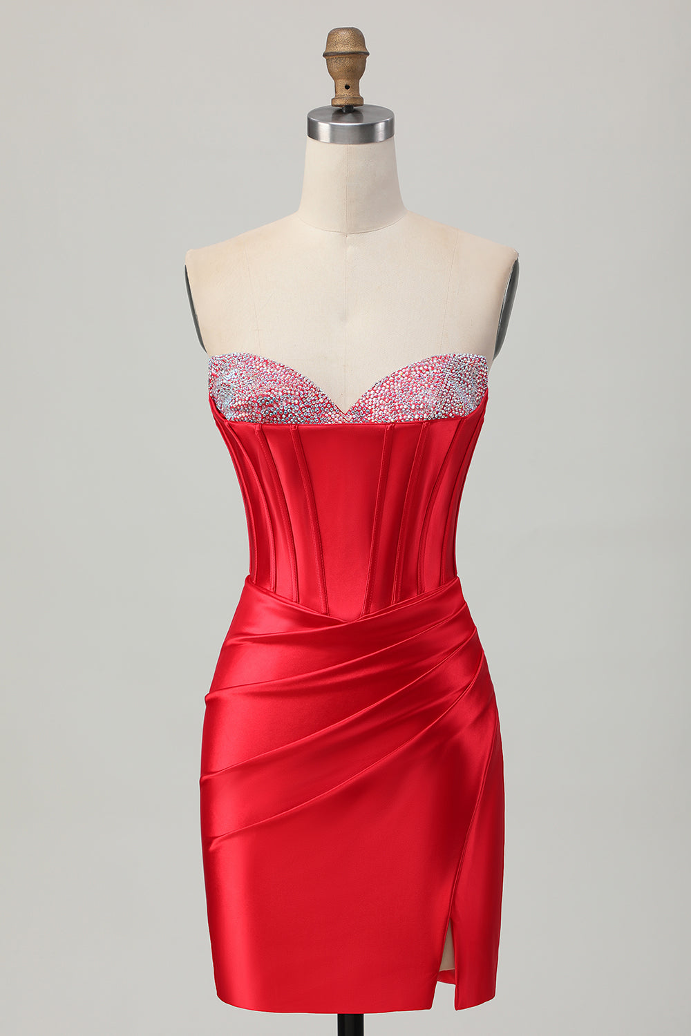 Red Bodycon Strapless Beaded Corset Homecoming Dress with Slit