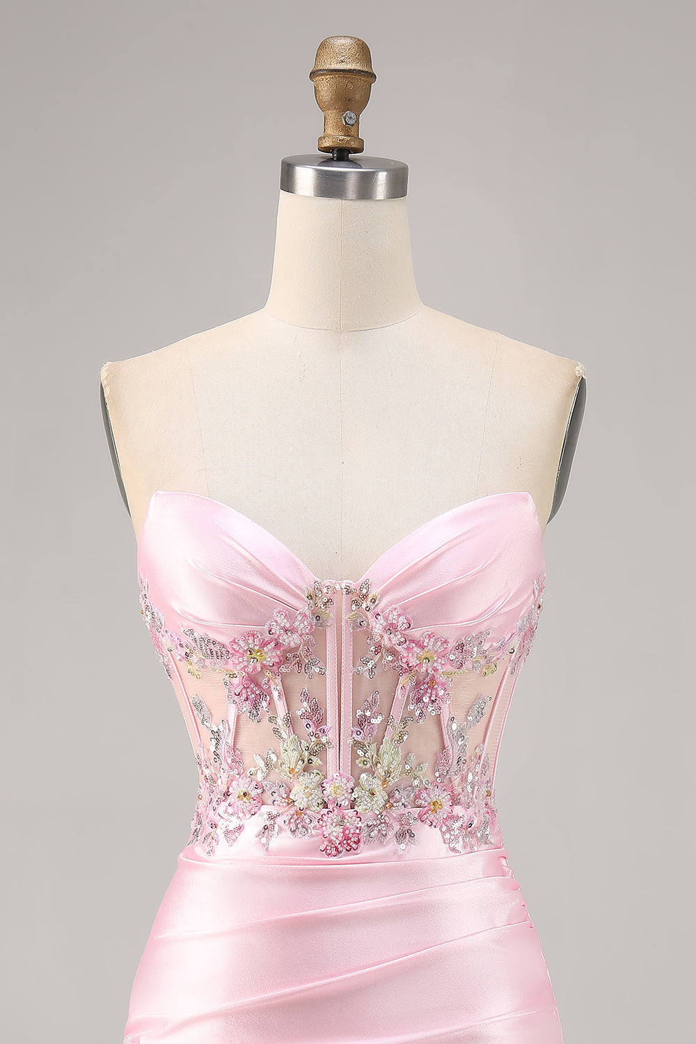 Candy Pink Strapless Bodycon Satin Short Corset Homecoming Dress with Appliques