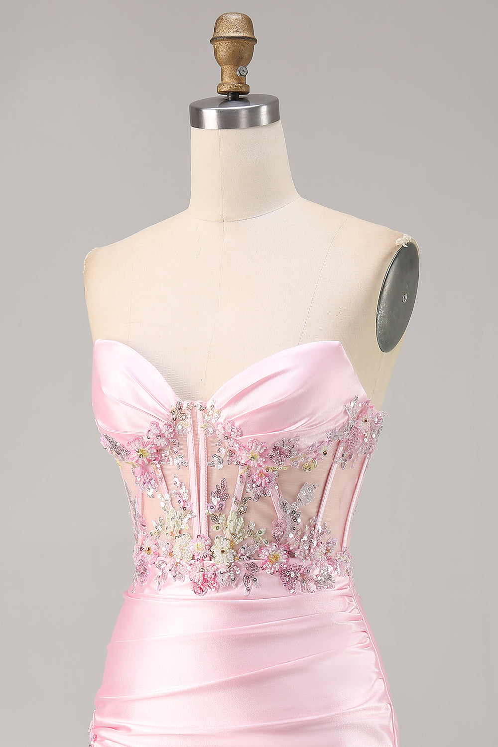 Candy Pink Strapless Bodycon Satin Short Corset Homecoming Dress with Appliques
