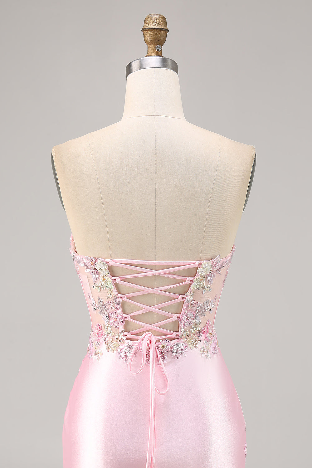 Candy Pink Strapless Bodycon Satin Short Corset Homecoming Dress with Appliques