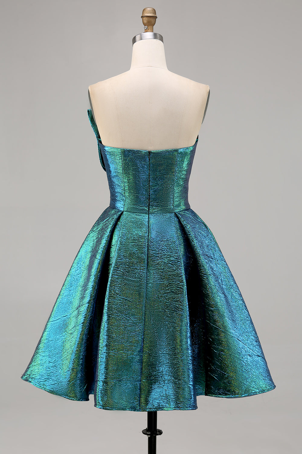 Metallic Peacock Green Ruched Strapless A Line Homecoming Dress