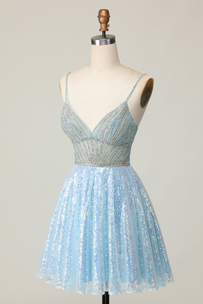 Zapaka Women Sequins Homecoming Dress Sparkly Light Blue V Neck