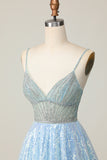 Sparkly Light Blue V Neck Sequins A Line Homecoming Dress