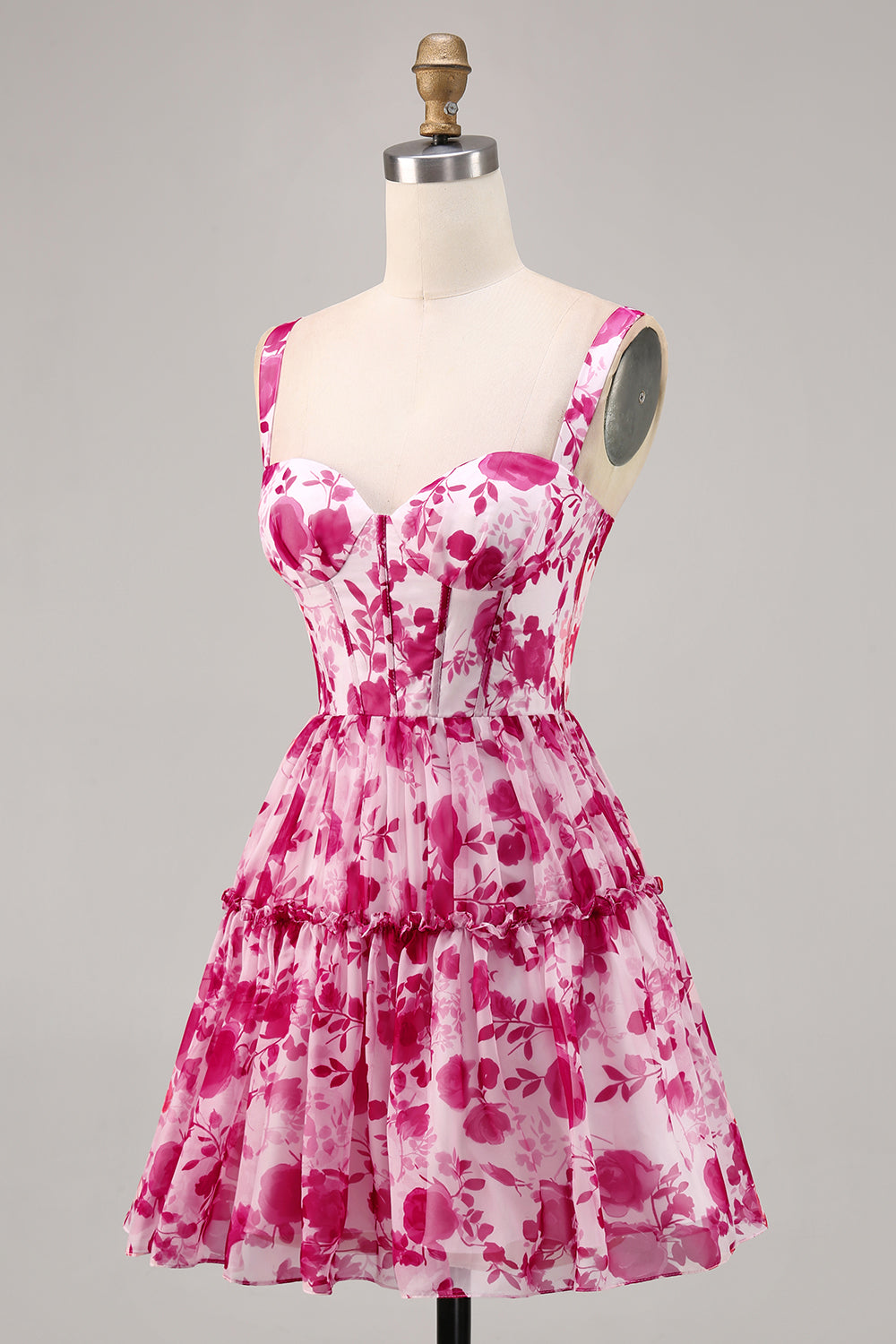 Fuchsia Floral Corset Printed A Line Homecoming Dress