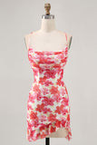 Red Floral Bodycon Spaghetti Straps Printed Mini Homecoming Dress