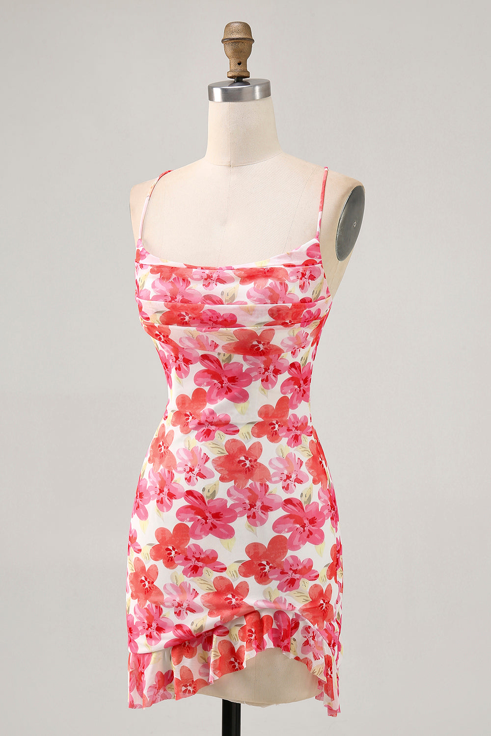 Red Flower Bodycon Spaghetti Straps Printed Mini Homecoming Dress