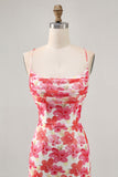 Red Flower Bodycon Spaghetti Straps Printed Mini Homecoming Dress