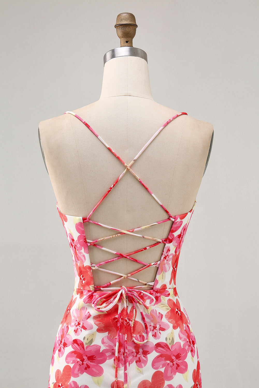 Red Flower Bodycon Spaghetti Straps Printed Mini Homecoming Dress