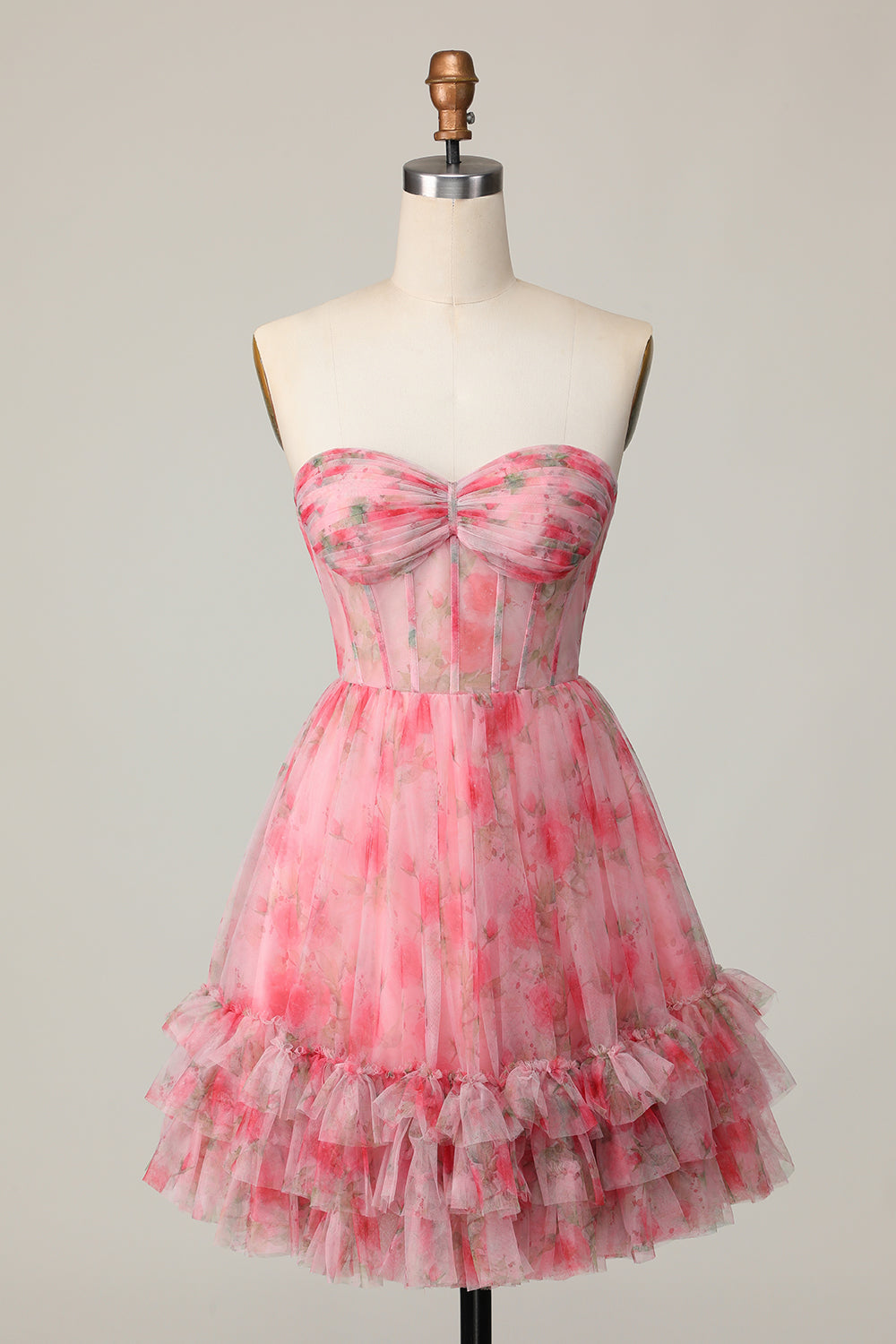 Floral Red A Line Strapless Printed Ruffled Homecoming Dress