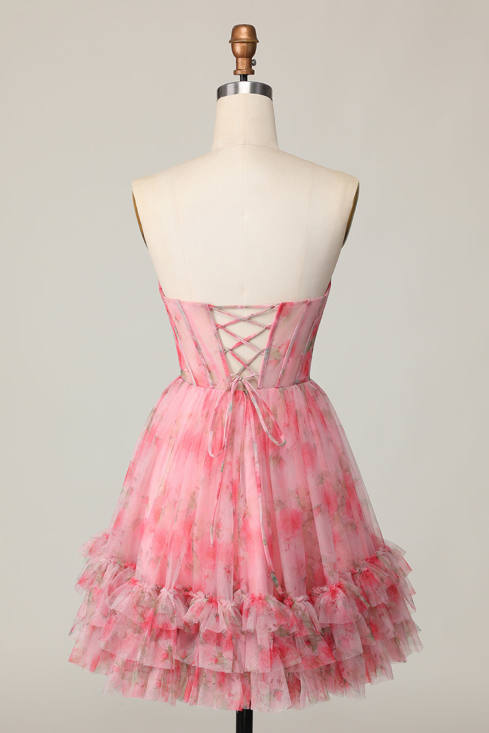 Floral Red A Line Strapless Printed Ruffled Homecoming Dress