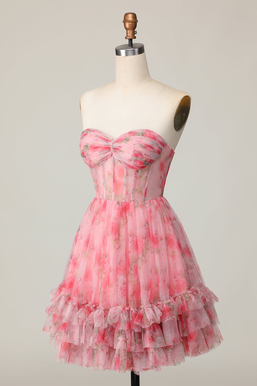 Floral Red A Line Strapless Printed Ruffled Homecoming Dress