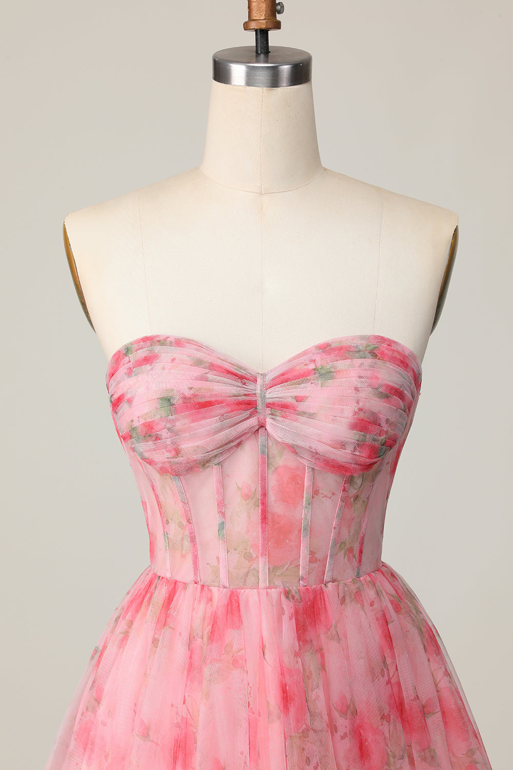Floral Red A Line Strapless Printed Ruffled Homecoming Dress
