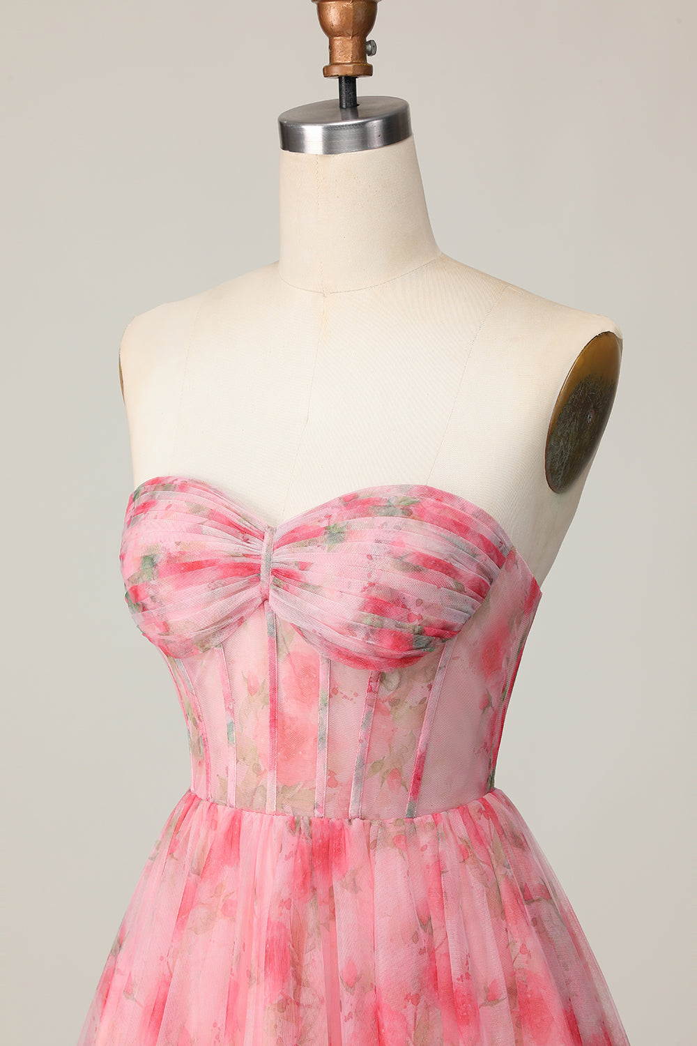 Floral Red A Line Strapless Printed Ruffled Homecoming Dress