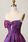 Metallic Dark Purple Strapless A Line Cut Out Corset Short Homecoming Dress