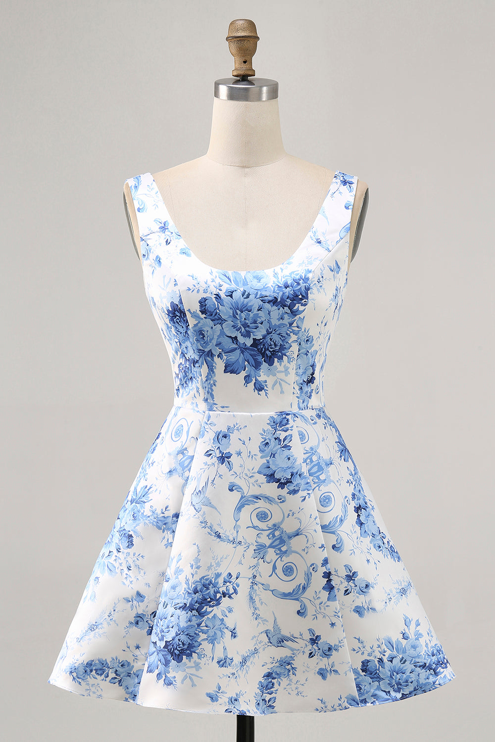 White Blue Flower Printed A Line Short Homecoming Dress