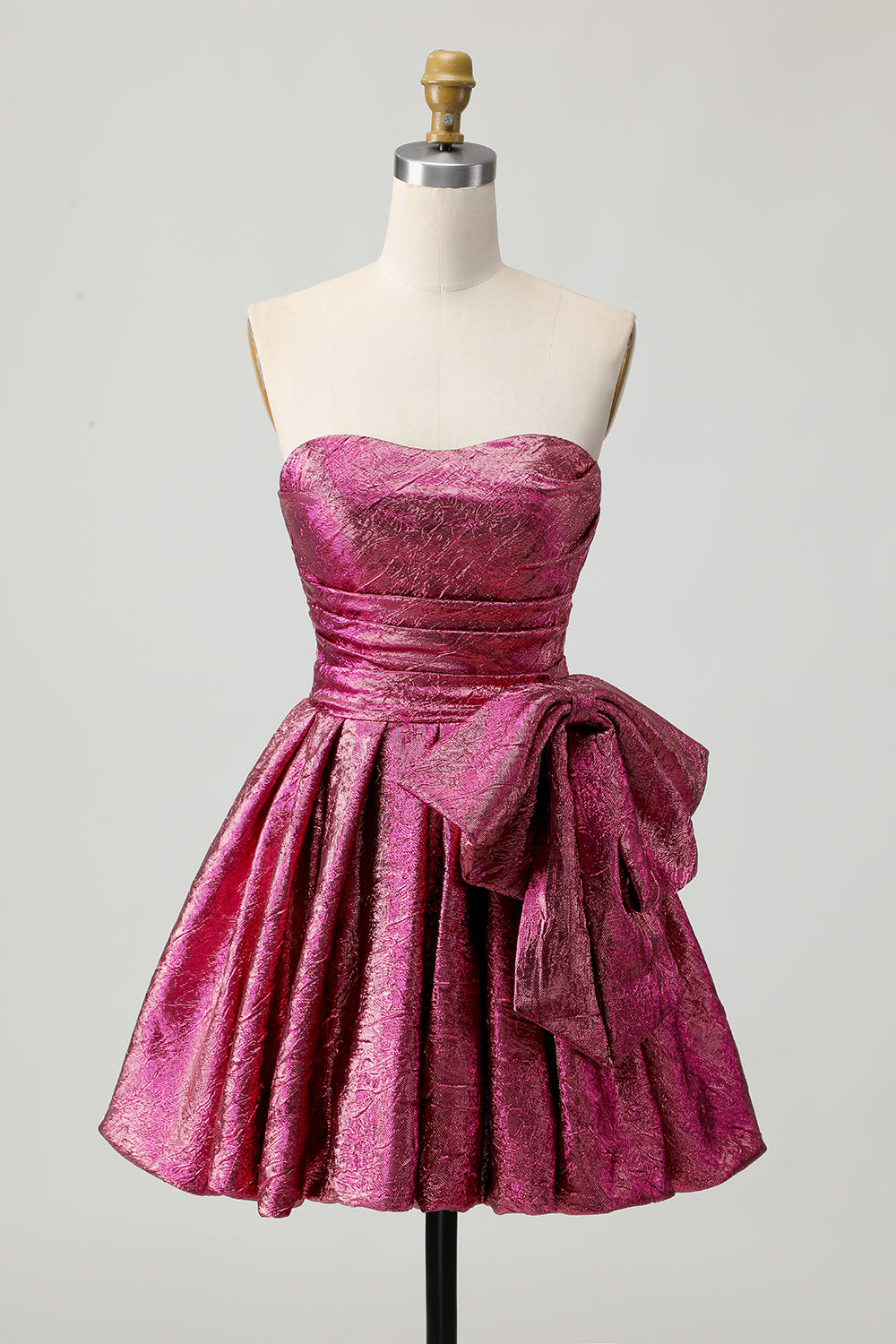 A-Line Strapless Ruched Dark Purple Short Homecoming Dress with Bow