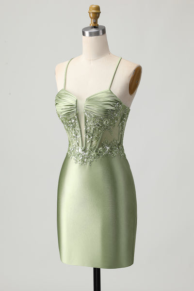 Zapaka Women Sage Green Homecoming Dress with Lace Up Back Bodycon Corset Sequins Spaghetti Straps Cocktail Dress, Sage Green / US14 Zapaka Women Sage Green Homecoming Dress with Lace Up Back Bodycon Corset Sequins Spaghetti Straps Cocktail Dress, Sage Green / US14