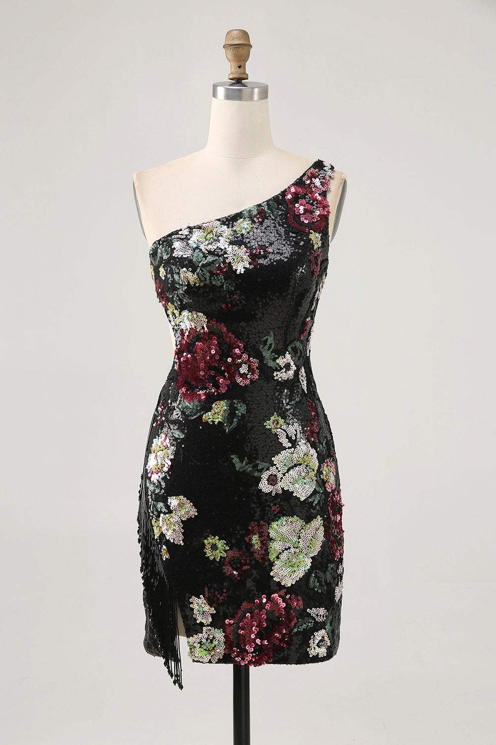Black Flower Bodycon Sequin One Shoulder Homecoming Dress