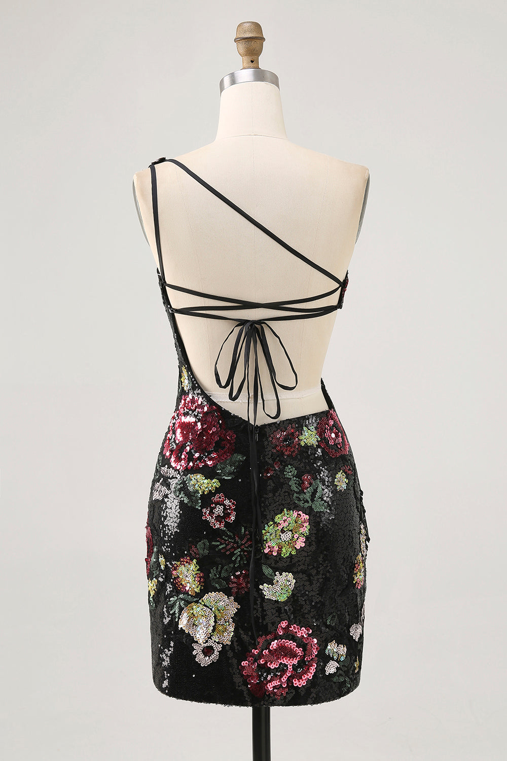 Black Flower Bodycon Sequin One Shoulder Homecoming Dress