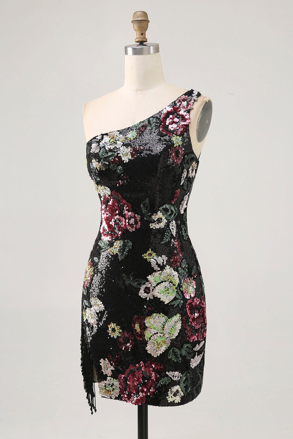 Black Flower Bodycon Sequin One Shoulder Homecoming Dress