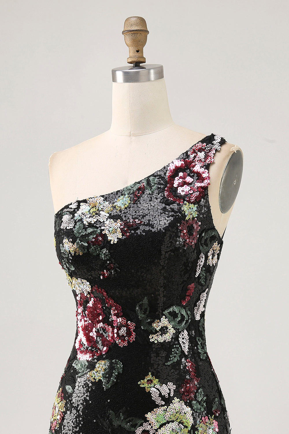 Black Flower Bodycon Sequin One Shoulder Homecoming Dress