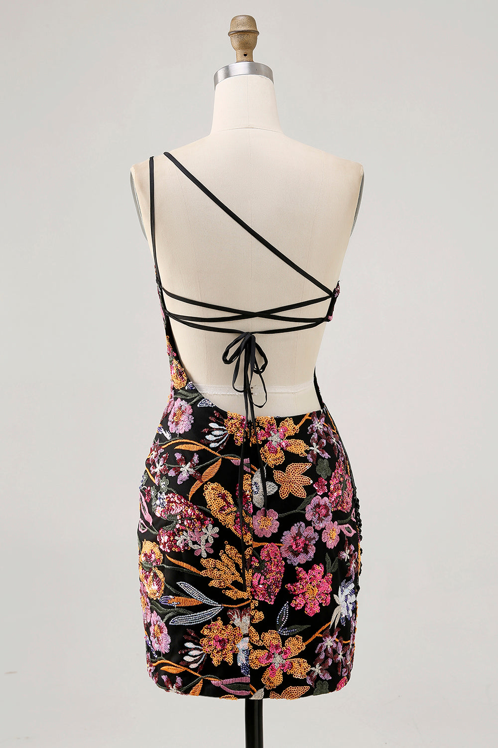 Black Flower Bodycon One Shoulder Homecoming Dress with Embroidery