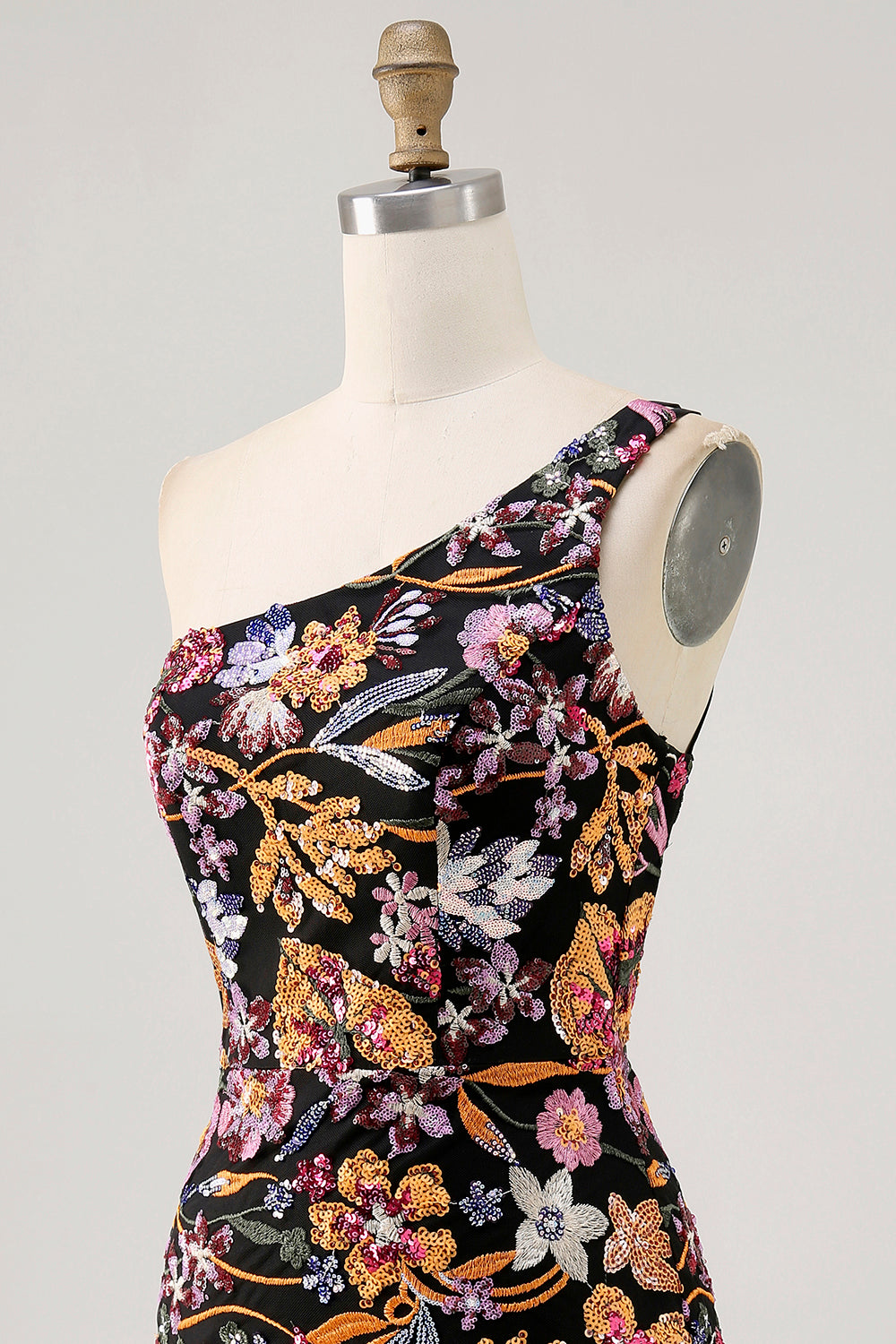 Black Flower Bodycon One Shoulder Homecoming Dress with Embroidery