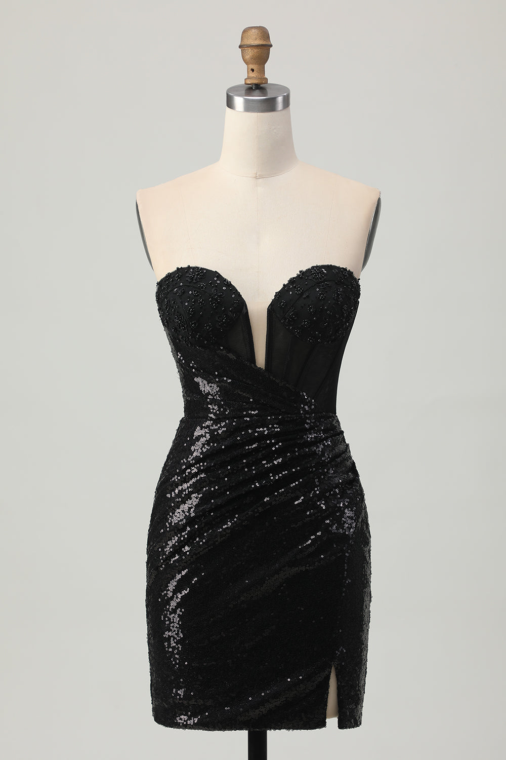Black Bodycon Strapless Sequins Homecoming Dress with Slit