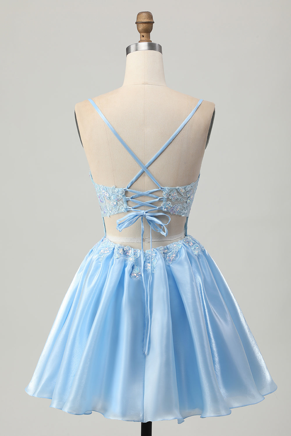 Blue A Line Sequins Corset Cut Out Short Homecoming Dress with Appliques