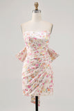 Pink Flower Strapless Bodycon Ruched Homecoming Dress with Bow