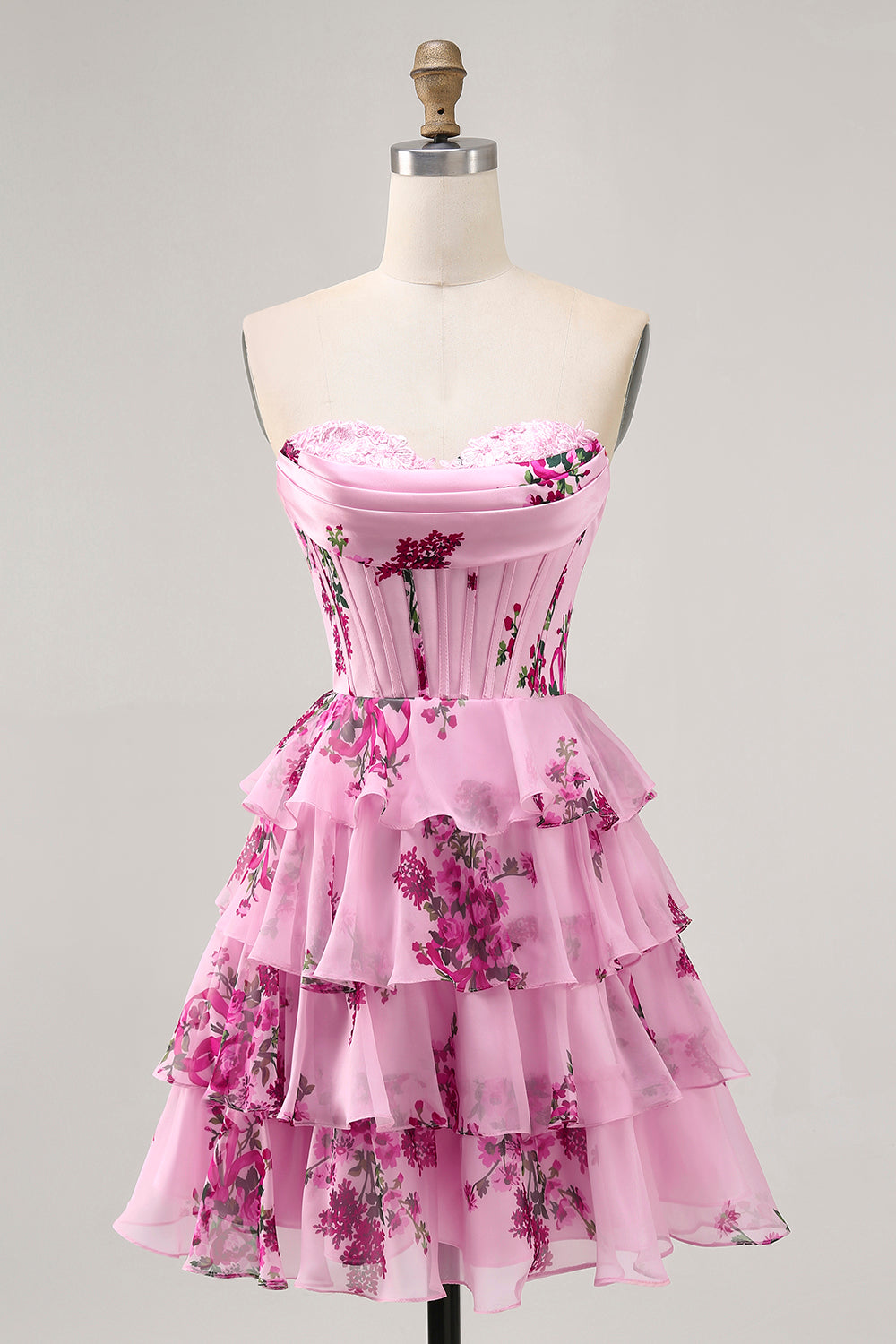 Pink Floral A Line Corset Strapless Tiered Homecoming Dress with Lace Up Back