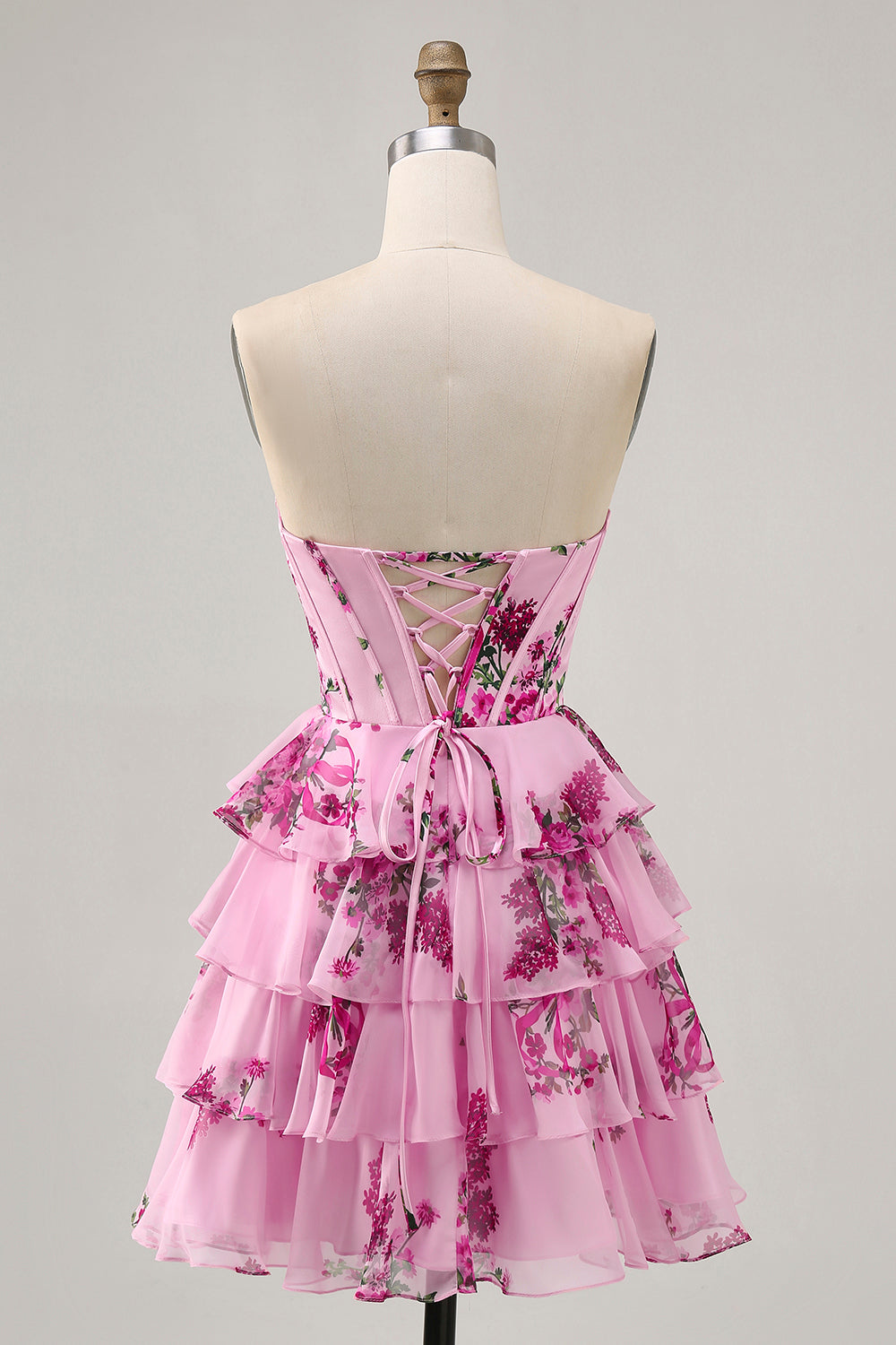 Pink Floral A Line Corset Strapless Tiered Homecoming Dress with Lace Up Back
