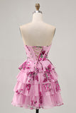 Pink Floral A Line Corset Strapless Tiered Homecoming Dress with Lace Up Back
