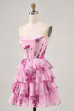 Pink Floral A Line Corset Strapless Tiered Homecoming Dress with Lace Up Back